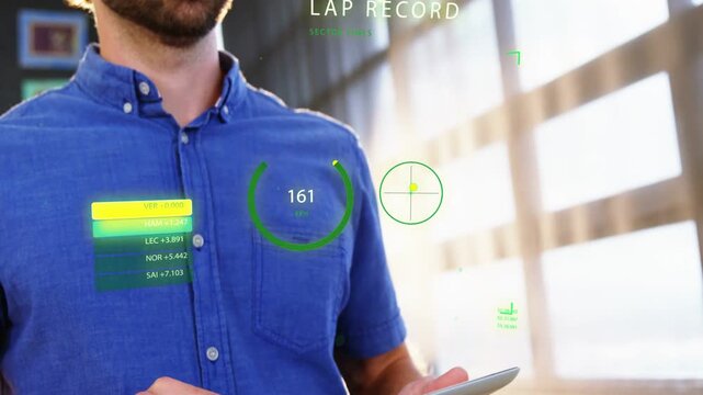 Man tapping tablet, initiating HUD data updates in bright lounge, donning VR headset showing tech