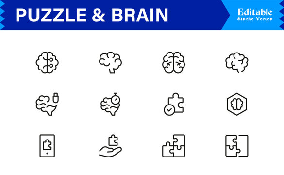 Puzzle And Brain Concept Line Icon Set &ndash; Professional, Minimal, Editable Vector Collection for Smart, Logical, and Creative Thinking Designs