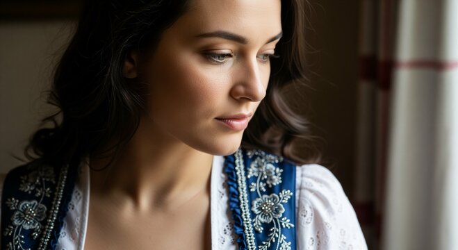 Young woman in traditional blue and white bavarian dirndl dress