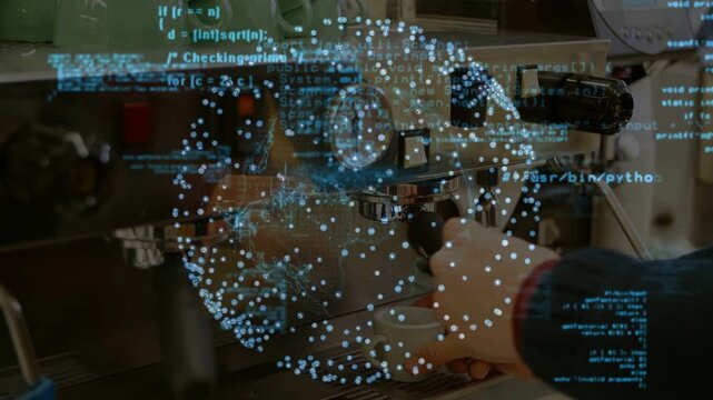 Barista reaching machine locking filter preparing espresso shot while cyan code overlaying hands