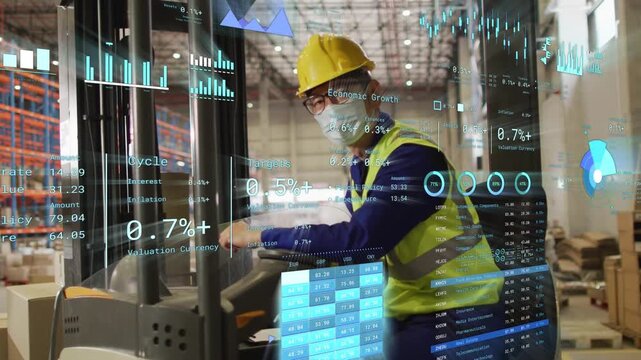 Operator gripping truck controls and turning to camera in warehouse, AR overlay aiding monitoring