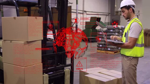 Male worker reacting to red malware overlay on forklift in warehouse, typing tablet checking cargo