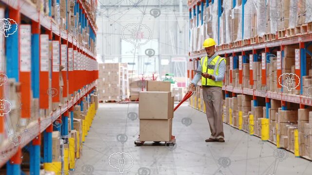 Male warehouse worker scanning tablet, pulling red pallet jack to move boxes, AI overlay guiding