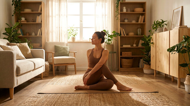 Woman Practicing Yoga Twist Pose in Warm Sunlit Living Room &mdash; Wanita Melakukan Pose Yoga Twist di Ruang Tamu dengan Cahaya Hangat
