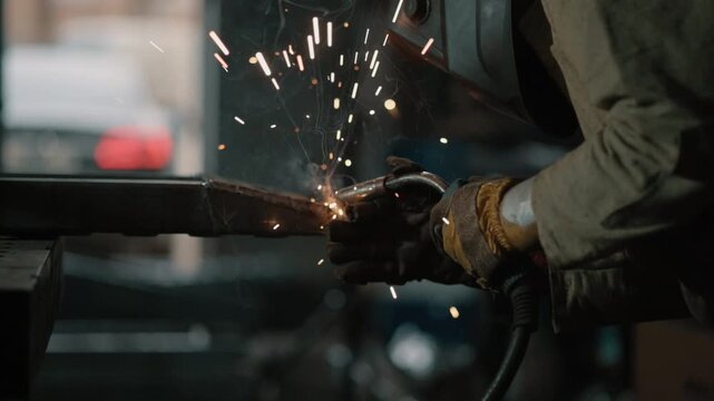 Industrial worker using welding torch to join metal parts, creating bright sparks in workshop, showcasing manufacturing process and skilled manual labor