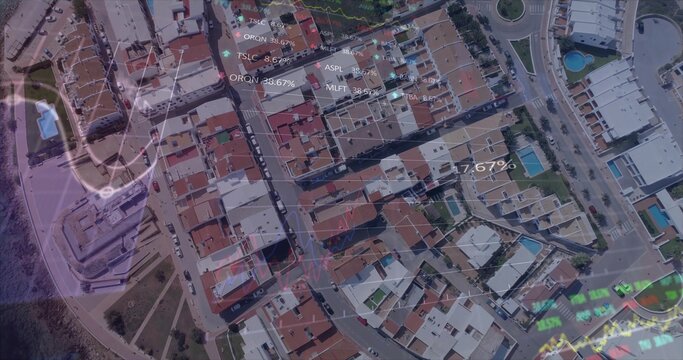 Showing aerial coastal neighborhood revealing terracotta roofs, parked cars, pools and data charts