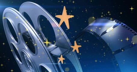 Fototapeta premium Glinting large reel filling left frame on starfield, with filmstrip and golden stars, copy space