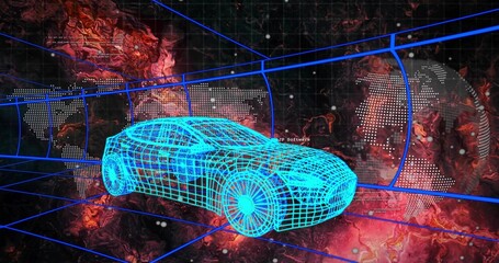 Fototapeta premium Rotating neon cyan wireframe car model moving within blue grid tunnel, showing globe dots and nodes