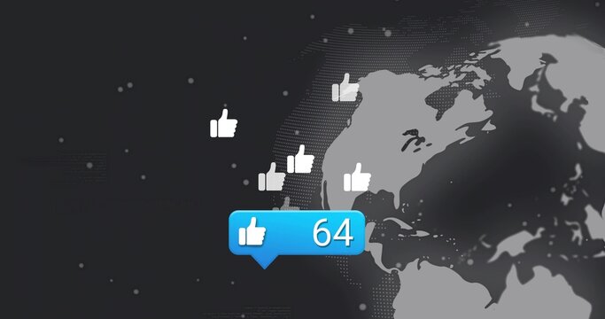 Displaying blue notification bubble showing 64 likes on map analytics UI, with thumbs-up icons