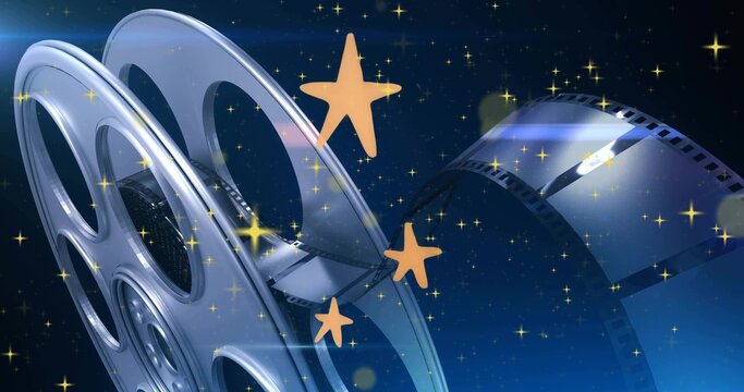 Glinting large reel filling left frame on starfield, with filmstrip and golden stars, copy space