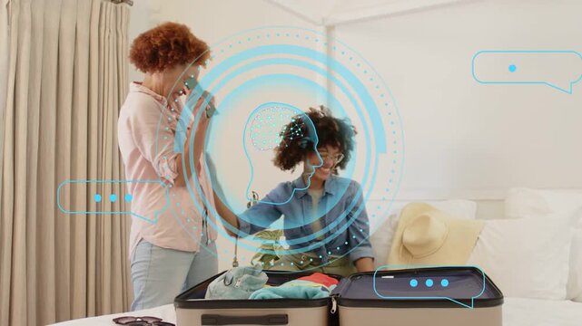 Women opening suitcase packing trip, passing hat and phone closing it with blue HUD marking faces