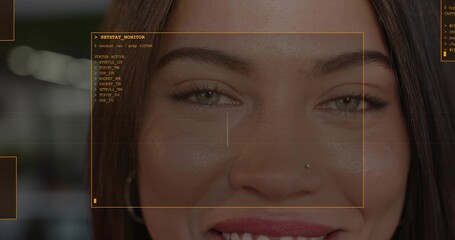 Showing closeup woman face undergoing scan indoors orange HUD box grids text nose stud hoop earring