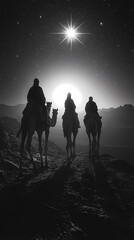 Fototapeta premium An image of camels, a starry Christmas sky, a landscape,