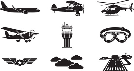 Collection of black silhouette featuring various aircraft, a control tower, vintage pilot goggles, an aviation badge, clouds, and an airport runway strip on a white background © MdAbu