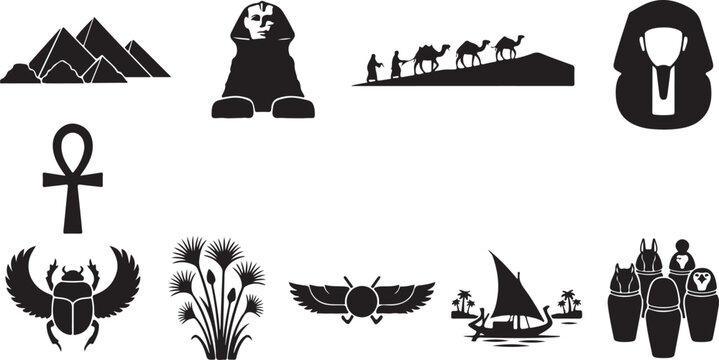 Collection of ancient egyptian featuring pyramids, sphinx, pharaoh mask, anubis canopic jars, scarab beetle, papyrus plant, felucca boat, and camel caravan silhouettes on white background