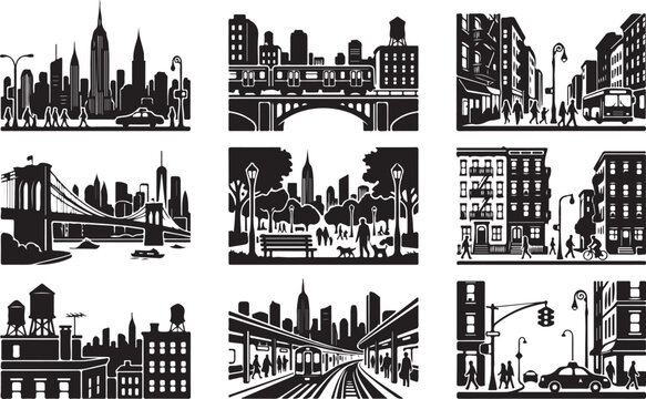 Collection of nine black and white new york city scenes featuring iconic skyscrapers, brooklyn bridge, subway trains, urban street life, pedestrians, yellow taxis, and classic brownstone buildings