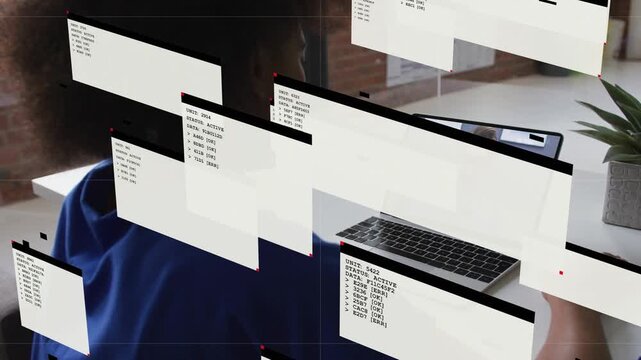 Seated woman touching pad while managing meeting, floating windows stacking and obscuring laptop