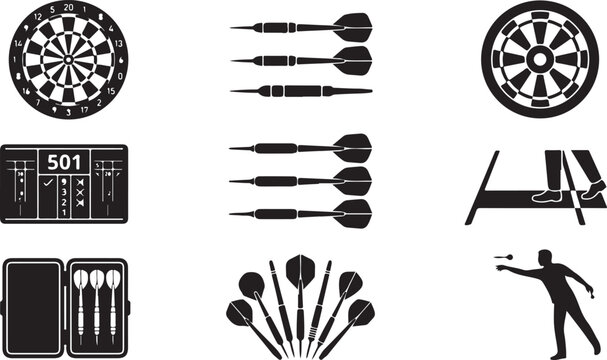 Set of black and white dart game featuring a numbered dartboard, various dart arrangements, a digital scoreboard showing 501, a player throwing a dart, and a storage case with darts