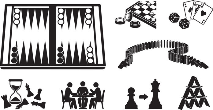 Set of black and white featuring classic board games, including a backgammon board, dominoes falling in a line, playing cards with dice, chess pieces, an hourglass, and a house of cards
