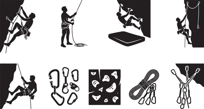Set of black and white featuring rock climbing activities, including climbers on cliff faces, bouldering, safety ropes, carabiners, climbing holds, and climbing gear equipment silhouettes