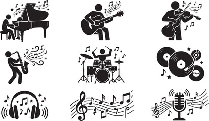 Obraz premium Set of black and white music featuring stick figures playing piano, guitar, violin, saxophone, and drums, alongside vinyl records, headphones, musical notes, a treble clef, and a microphone