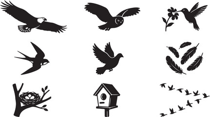 Fototapeta premium Set of black bird silhouettes including a soaring eagle, flying owl, hummingbird at a flower, swallow, pigeon, scattered feathers, a nest with eggs on a branch, a birdhouse, and a flock in flight