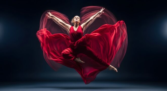 Woman dancing gracefully in a flowing red dress against a dark background