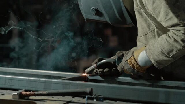 Welder in protective clothing welds metal parts in the workshop. Slow motion.