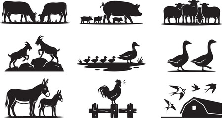 Set of black farm animal silhouettes including cows, pigs, sheep, goats, ducks, geese, donkeys, a rooster on a fence, and swallows flying over a barn roof on a white background © MdAbu