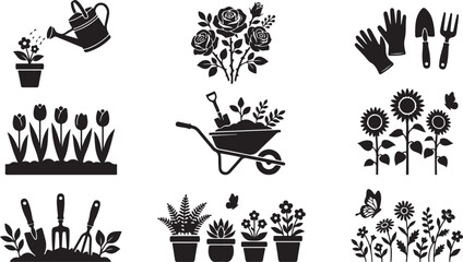 Set of black gardening featuring watering cans, potted flowers, sunflowers, roses, tulips, wheelbarrows, hand tools, gloves, and butterflies on a white background, for landscaping © MdAbu