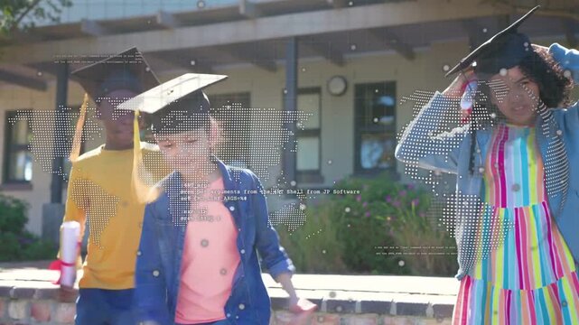 Three students on wall stepping on cue, waving diplomas and caps marking world-map overlay sweeping