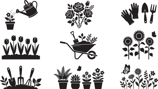 Set of black gardening featuring watering cans, potted flowers, sunflowers, roses, tulips, wheelbarrows, hand tools, gloves, and butterflies on a white background, for landscaping