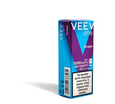 Photo of the packaging for a grape-flavoured VEEV vape product. VEEV is a brand of electronic vaping devices manufactured by Philip Morris International (PMI).