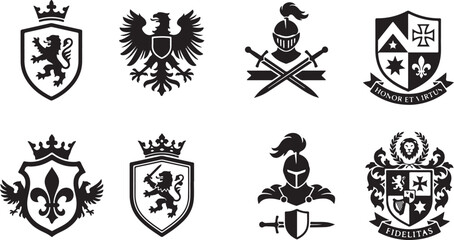 Set of eight black and white heraldic emblems featuring lions, eagles, knight helmets, crossed swords, crowns, fleur-de-lis, and shields with latin mottoes on ribbons against a white background © MdAbu