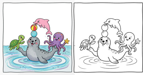 Happy Seal and Ocean Friends Balancing Fun Coloring Page