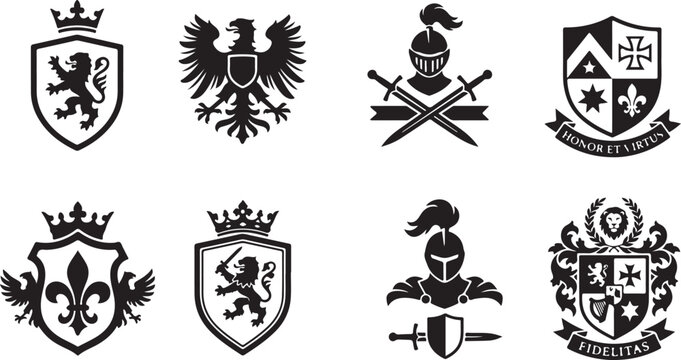 Set of eight black and white heraldic emblems featuring lions, eagles, knight helmets, crossed swords, crowns, fleur-de-lis, and shields with latin mottoes on ribbons against a white background