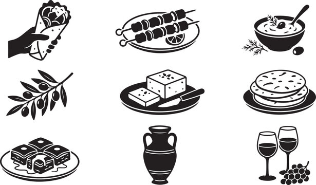 Set of greek and mediterranean food featuring a hand holding a gyro, souvlaki skewers, tzatziki, olive branch, feta cheese, pita bread, baklava, an ancient amphora vase, and wine glasses