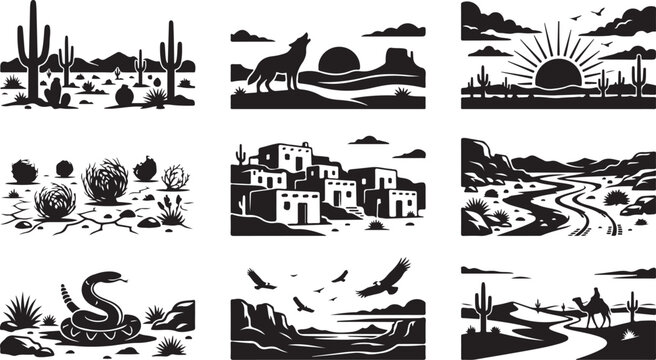 Set of nine black and white desert landscape featuring saguaro cacti, a howling wolf, sunset, tumbleweeds, adobe buildings, winding roads, a rattlesnake, soaring vultures, and a camel rider