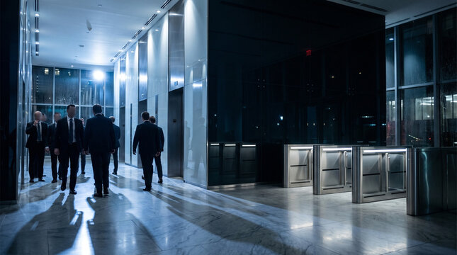 Dimly lit corporate office lobby at night with people in formal attire, suggesting a tense atmosphere of a hostile corporate takeover meeting