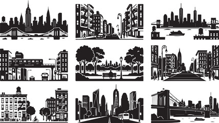 Obraz premium Set of nine black and white new york city silhouette featuring iconic skyscrapers, brooklyn bridge, urban street scenes, city parks, subway trains, and residential brownstone buildings