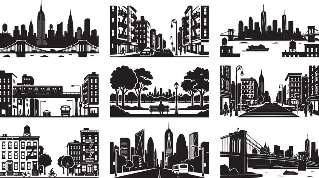 Set of nine black and white new york city silhouette featuring iconic skyscrapers, brooklyn bridge, urban street scenes, city parks, subway trains, and residential brownstone buildings