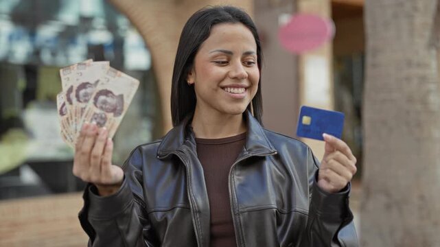 Young hispanic woman smiling while holding mexican pesos fan and a blue creditcard in front of shops on street; financial confidence.