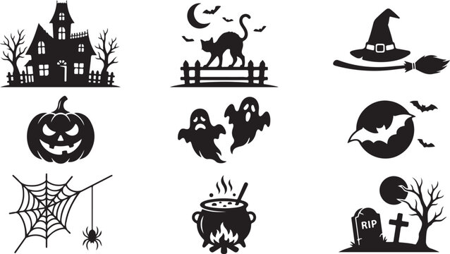 Set of nine black halloween silhouettes featuring a haunted house, witch hat, jack-o'-lantern, ghosts, bats, spider web, cauldron, and graveyard on a white background