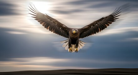 Fototapeta premium Soaring eagle with wings spread against a cloudy sky
