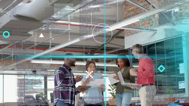 Team of 4 working in office tapping tablet  and  pointing papers sparking teal overlay showing busin