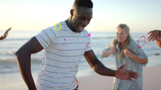 Male dancer leading on golden beach, camera closing, friends reacting, graphics rising for creators