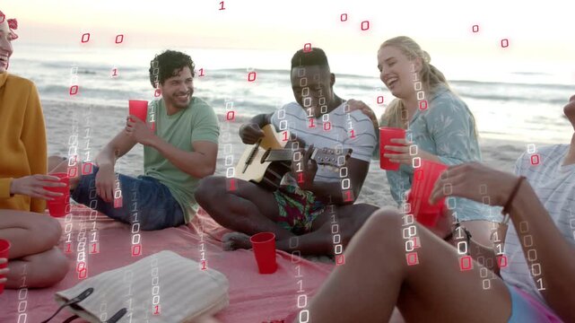 Guitarist starting strumming, drawing friends on blanket, holding red cups at sunset for marketing