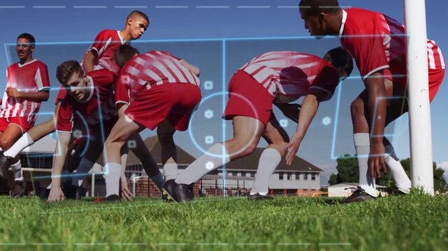 Teen soccer team jogging pitch, shifting into crouch with blue HUD appearing sparking sprint drill