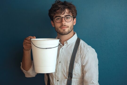 young man with face obscured holding a white bucket to his mouth, wearing a striped button-up shirt and suspenders against a teal wall, playful and quirky pose