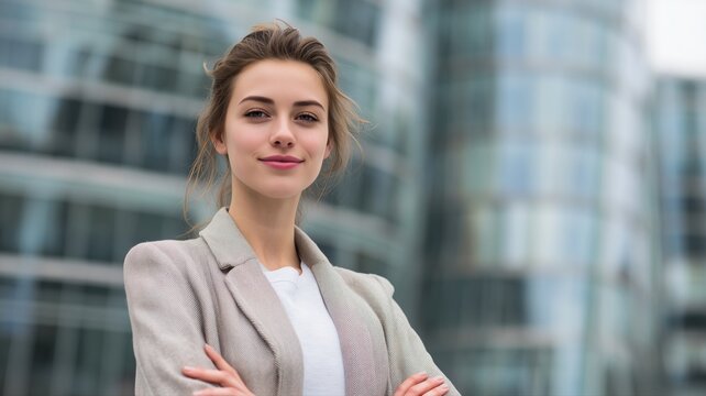 白人女性が腕を組んで自信に満ちた表情で立っている姿。ビジネスや自己啓発のイメージに最適なポートレート。